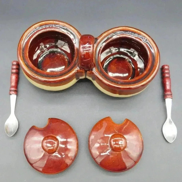 Crock Brown Drip Condiment Caddy Speckled Brown Glaze Vintage Stoneware - Picture 5 of 10